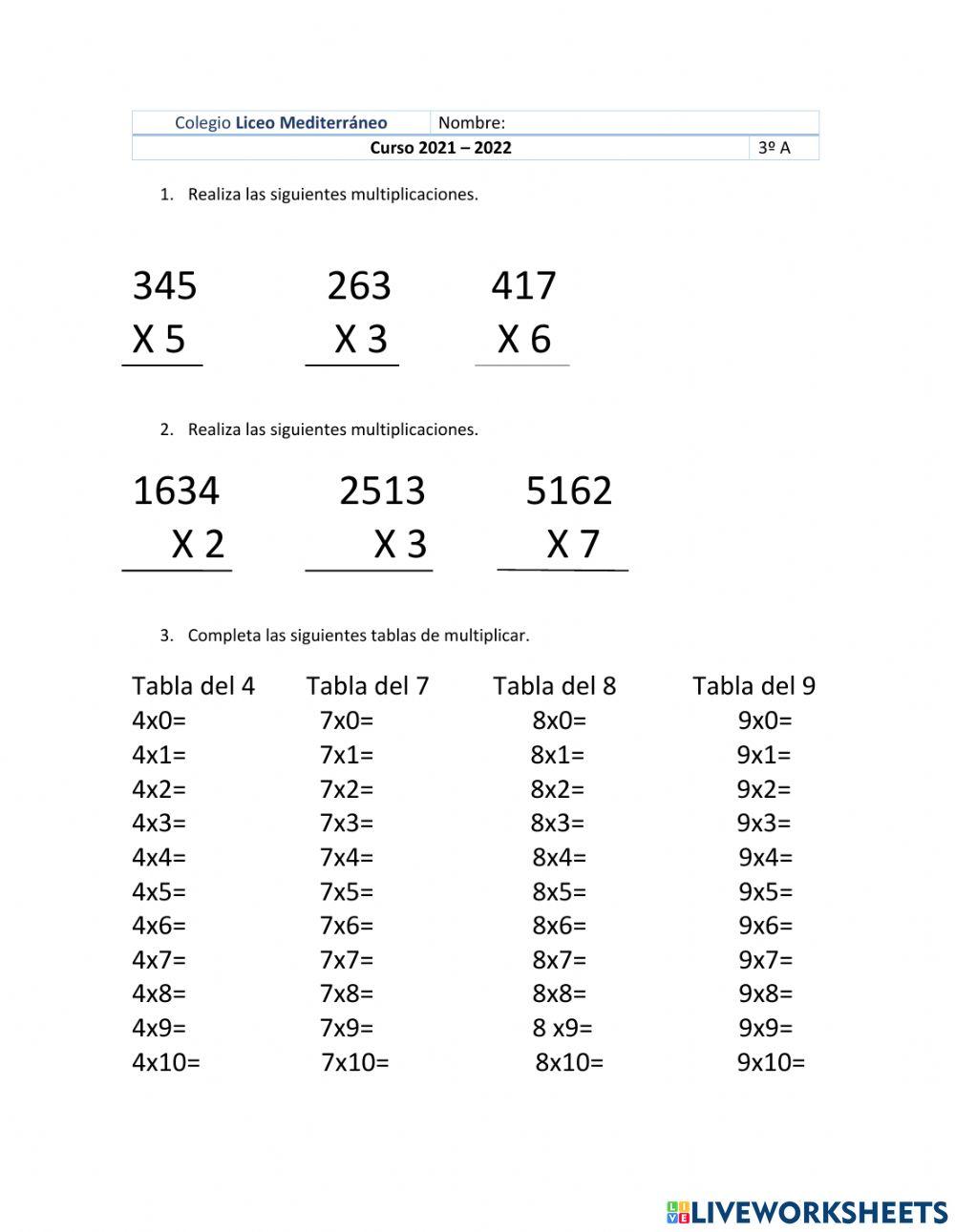 Examen tablas de multiplicar