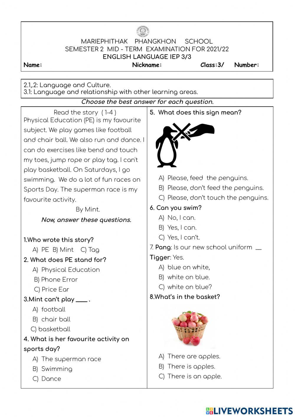 P3 ENGLISH  MID-TERM JAN 22