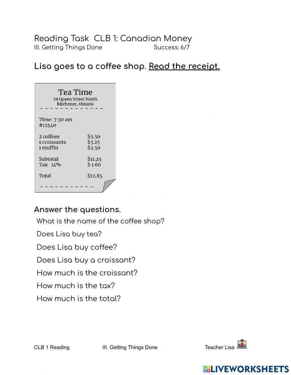 CLB 1: Reading a Receipt