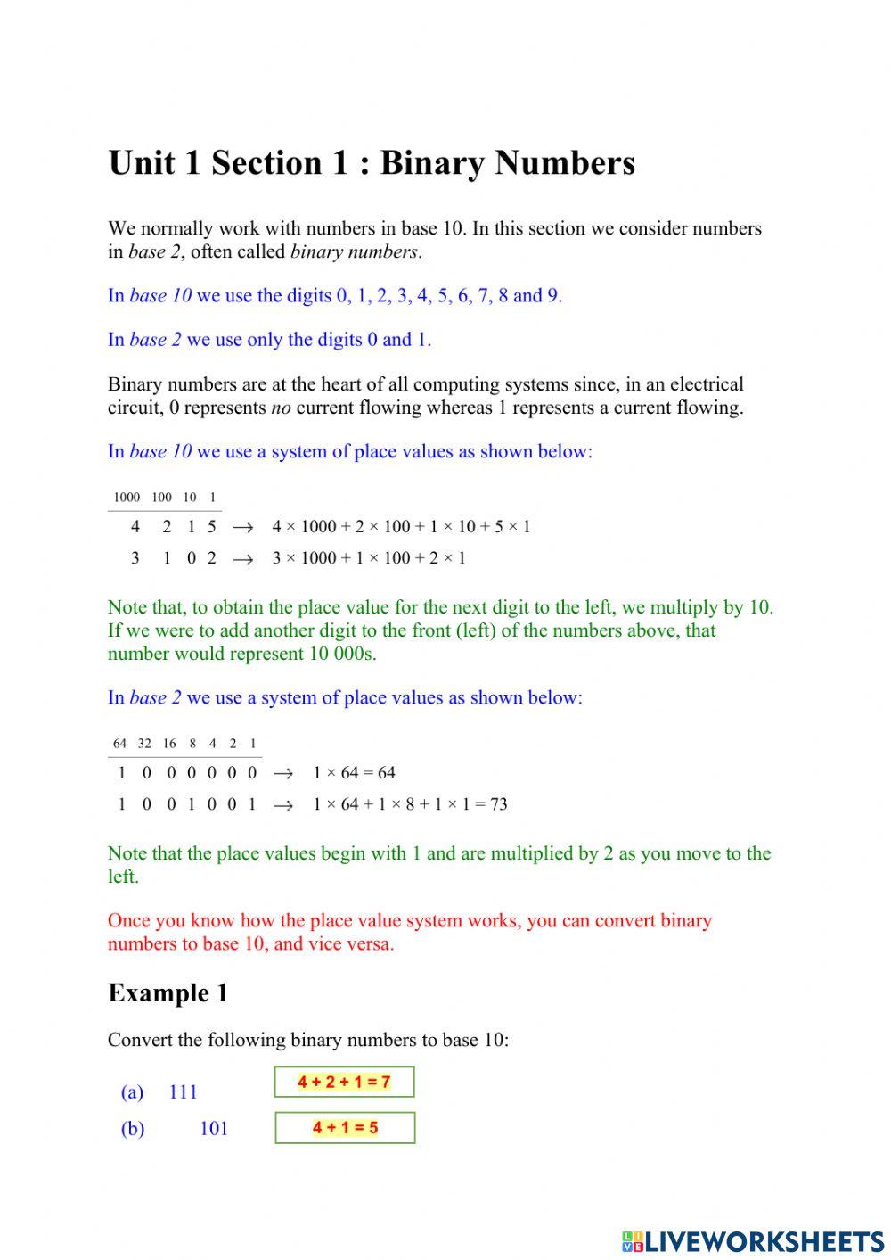 Unit 1 Section 1 : Binary Numbers 2 worksheet | Live Worksheets