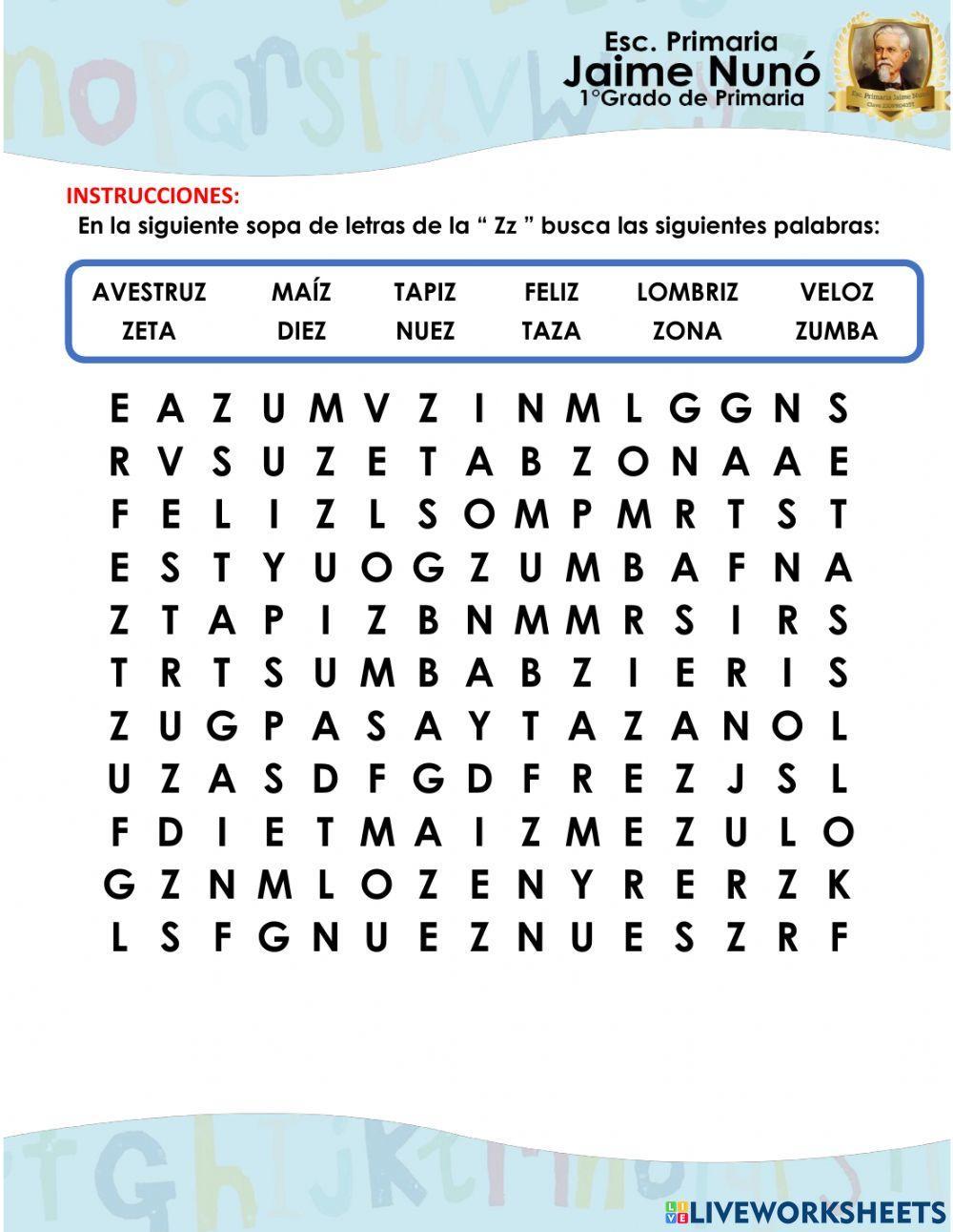 Sopa de letras con la Letra Zz