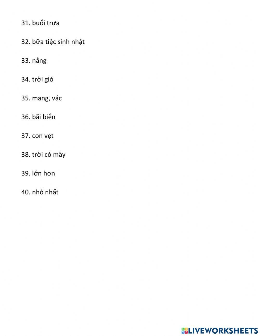 Ves - Kiểm tra từ vựng - Mover Sunday - 15-1-2022