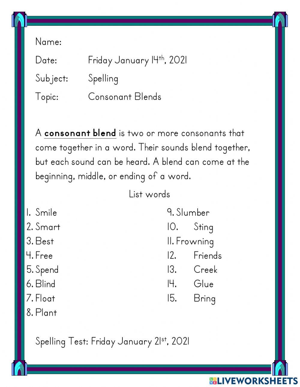 Consonant Blends List Words