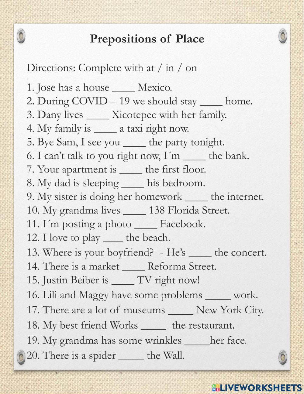 Prepositions of place at in 0n worksheet live worksheets