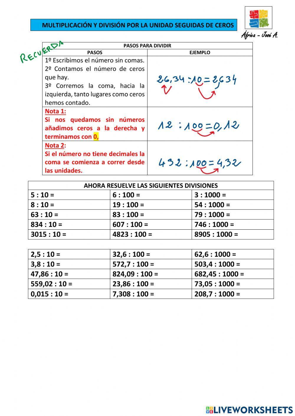 MULTIPLICACIÓN Y DIVISIÓN POR LA UNIDAD SEGUIDA DE CEROS