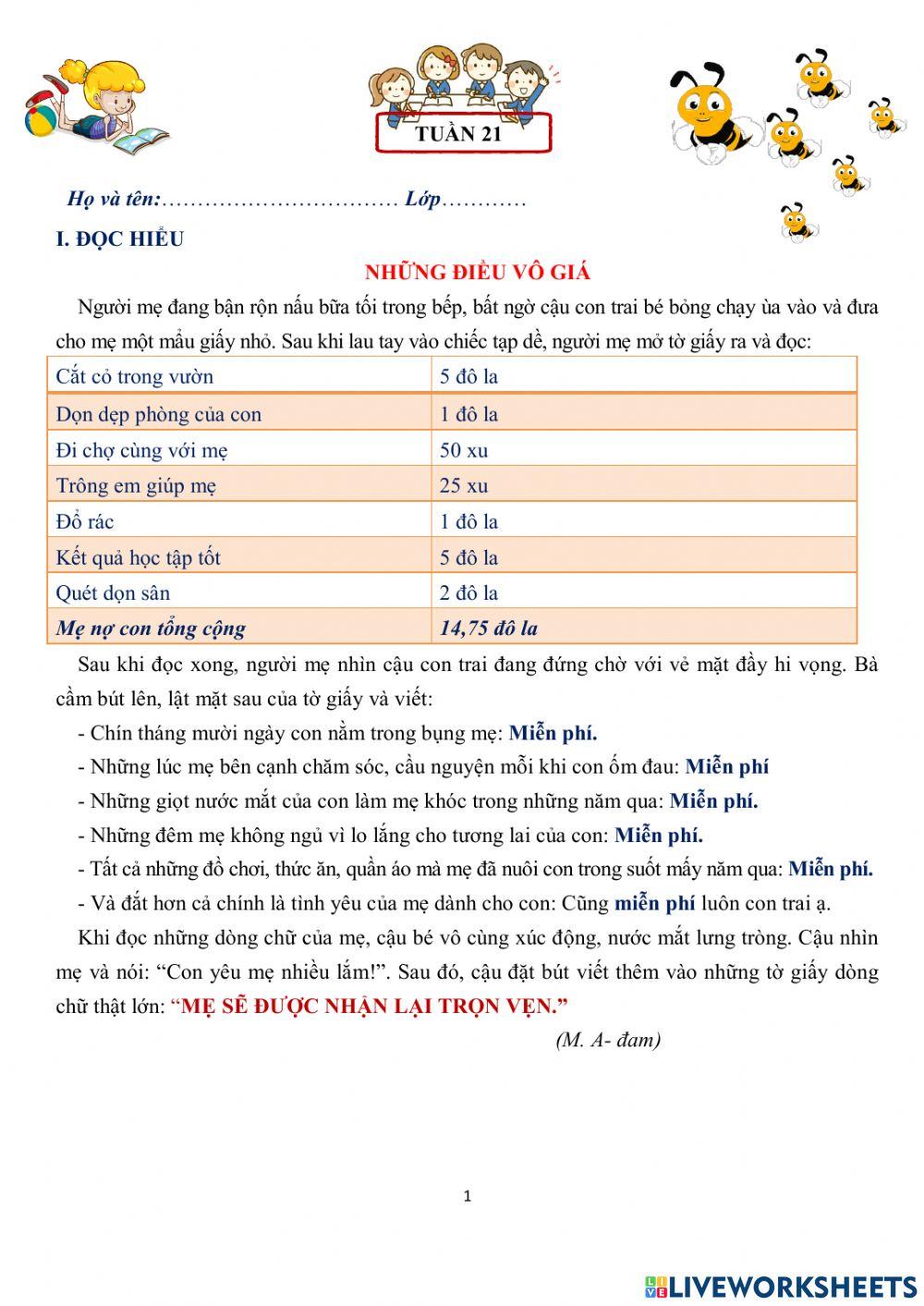 Bài tập tiếng việt cuối tuần 21