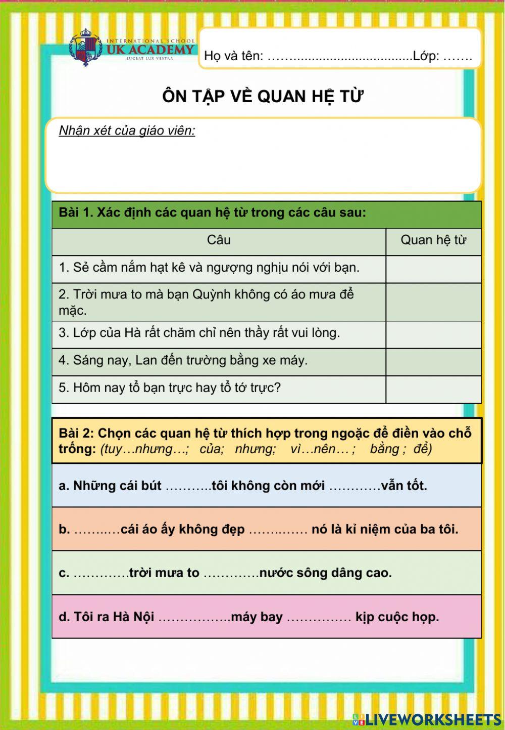 LTVC Ôn tập về quan hệ từ