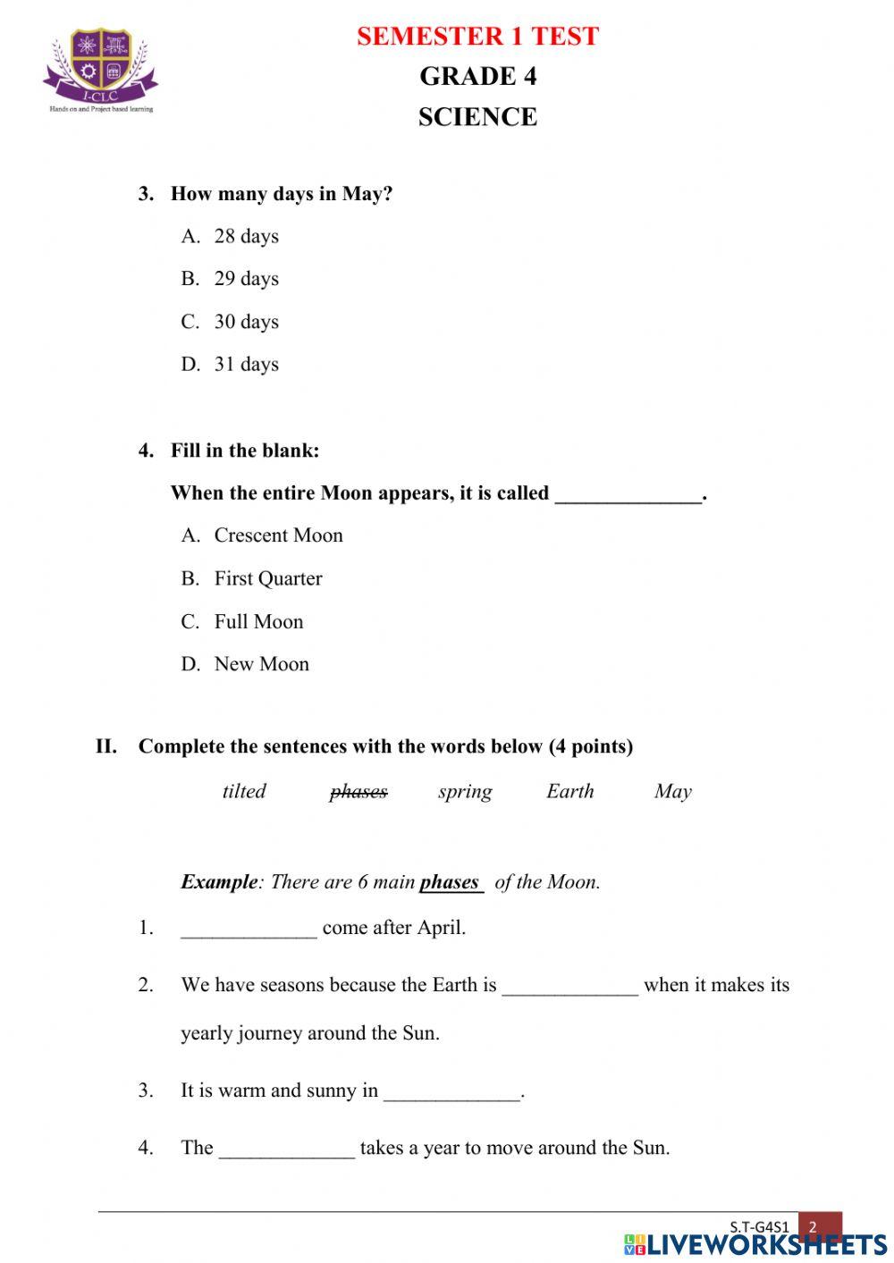 Science-Semester test 1 interactive worksheet | Live Worksheets