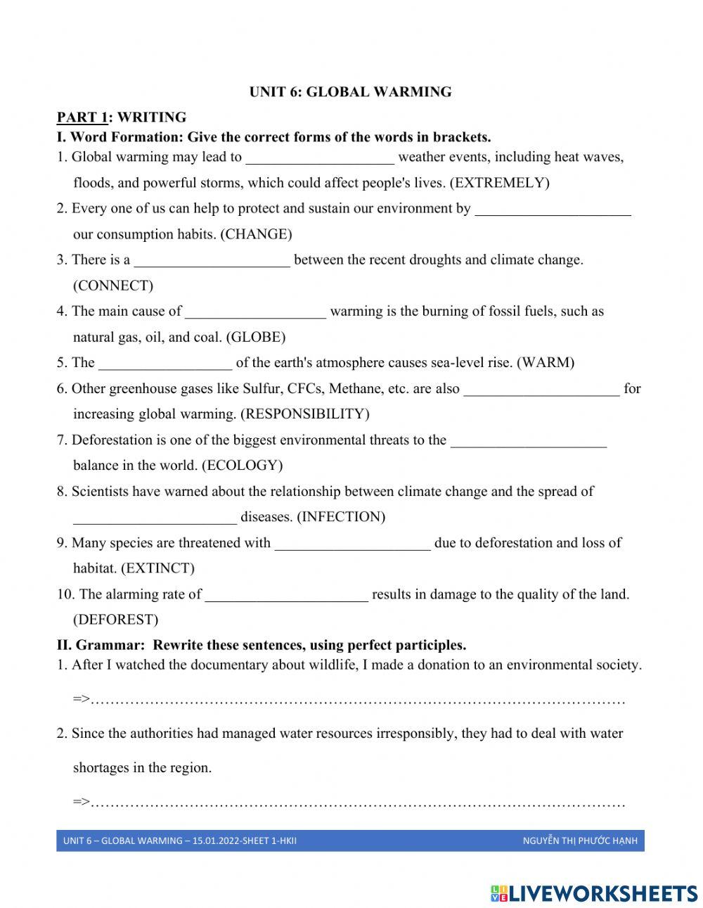UNIT 6: Global warming-E11-sheet 1