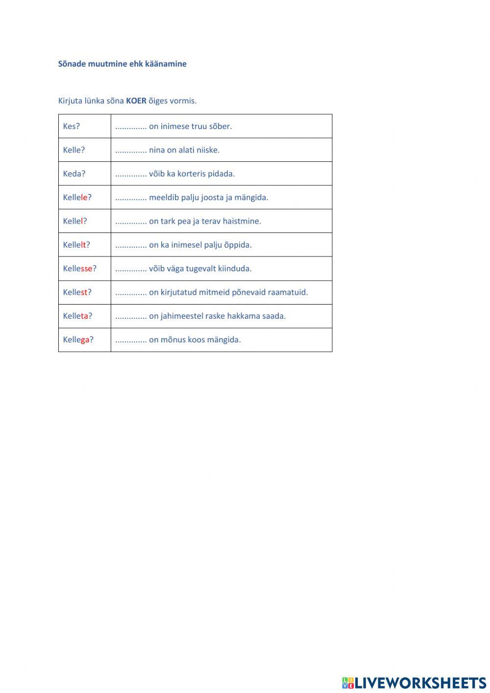 Sõnade muutmine ehk käänamine, 3. klass