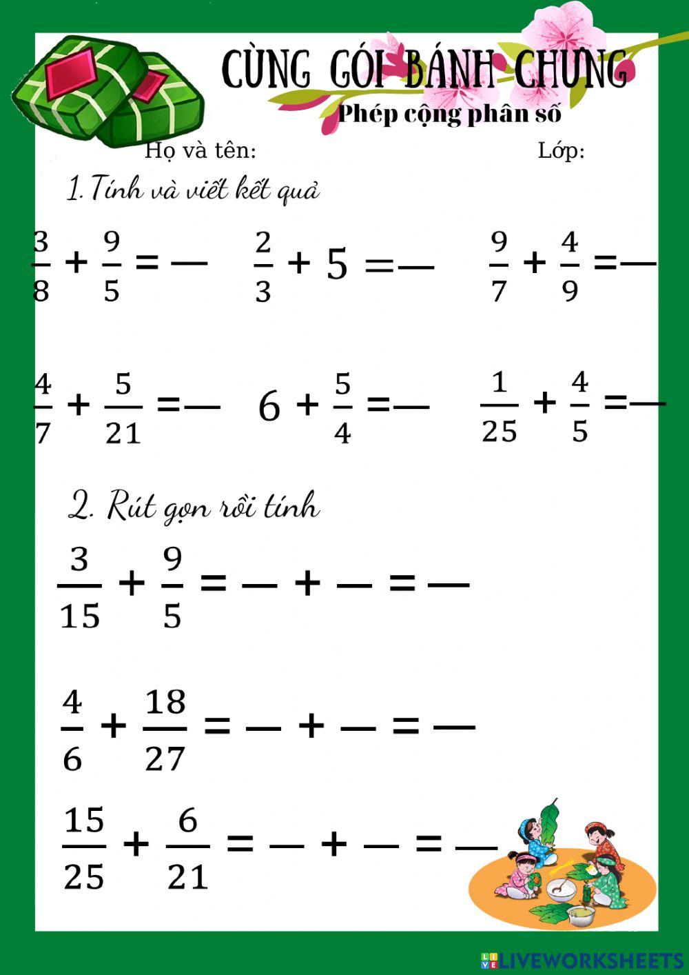 Bài tự luyện phép cộng phân số