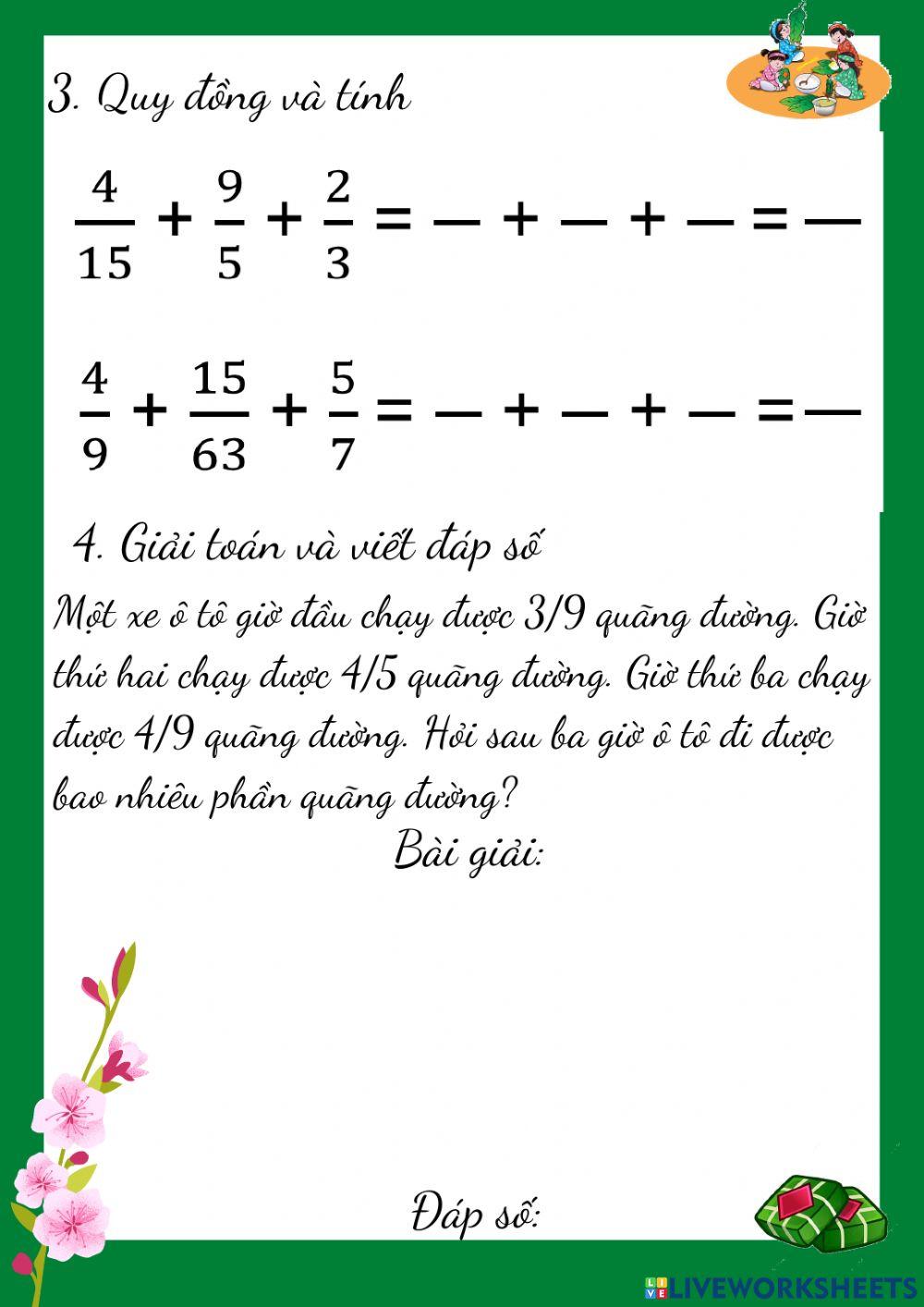 Bài tự luyện phép cộng phân số