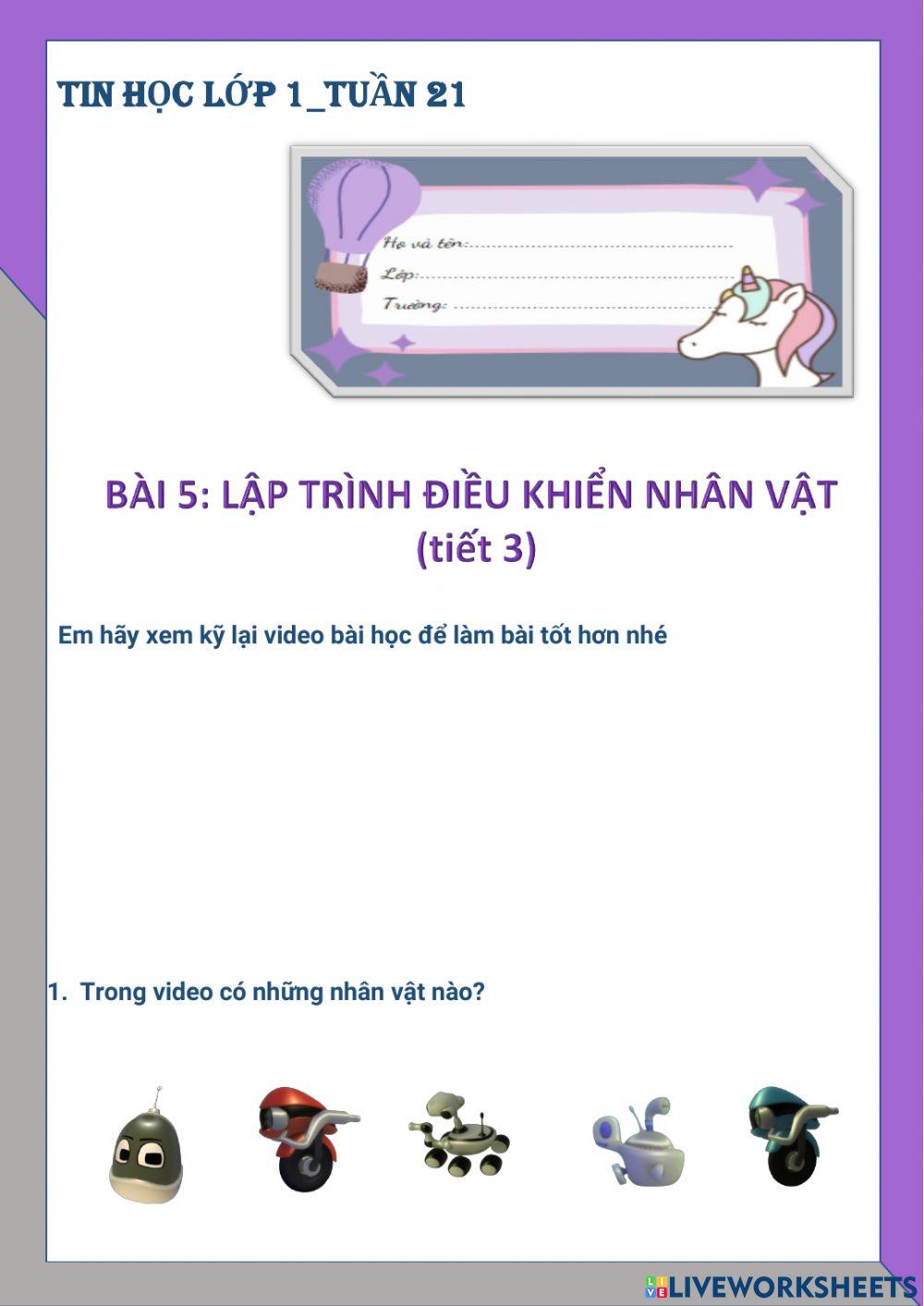 Tin học lớp 1-Tuần 21-Bài 5: Lập trình điều khiển nhân vật (tiết 3)