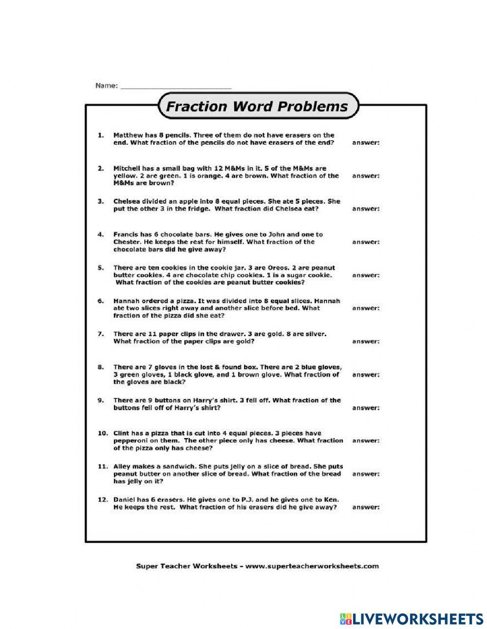 word problem fractions online exercise for Live Worksheets