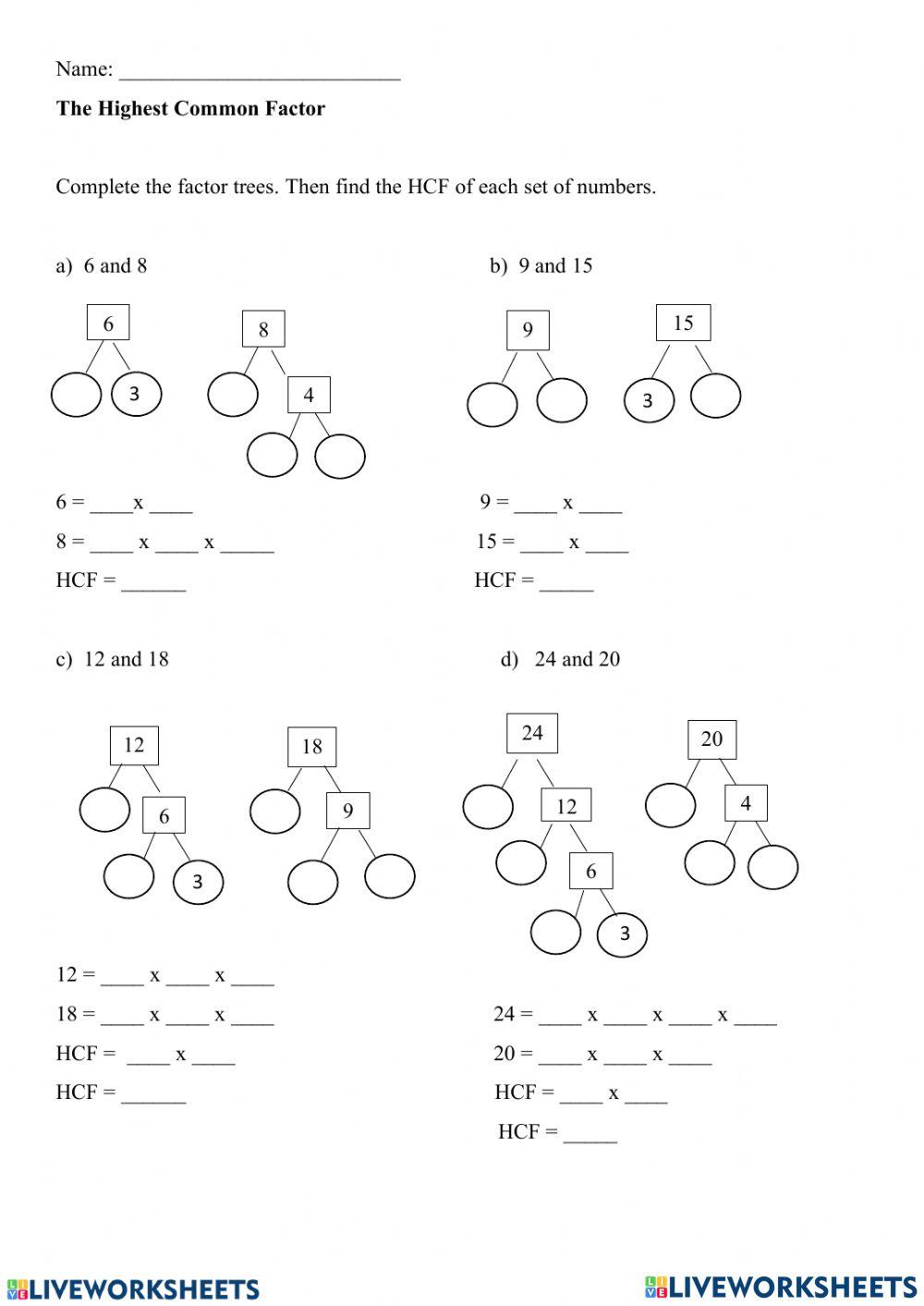 HCF online exercise for | Live Worksheets