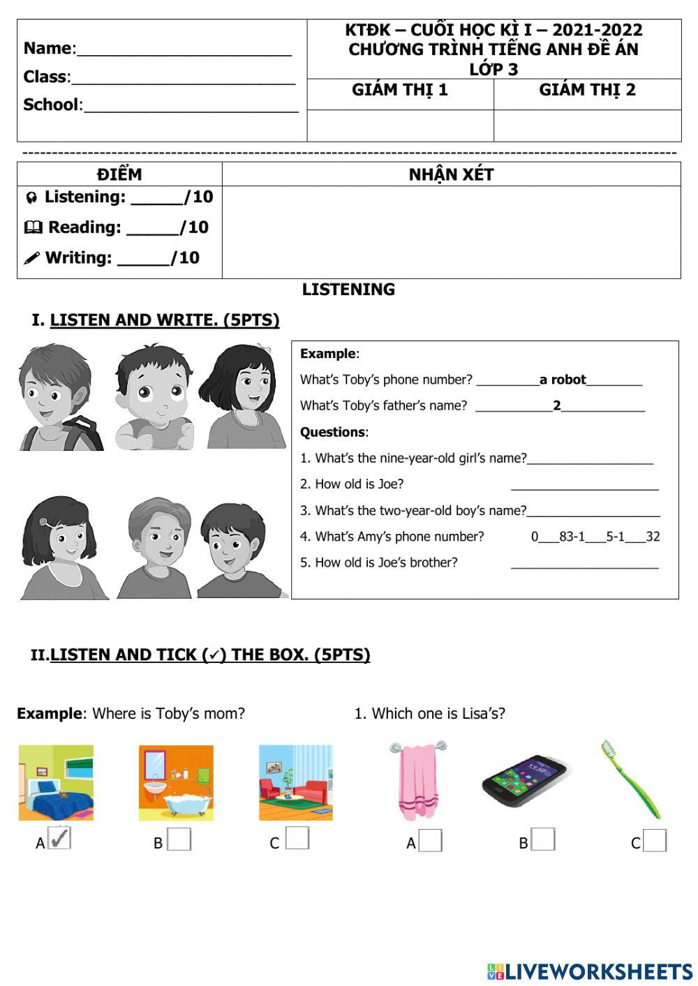 Đề kiểm tra hki lớp 3 đề án