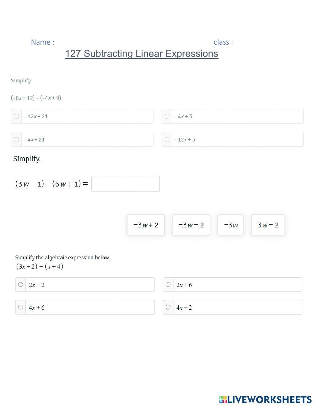127 Subtracting Linear Expressions
