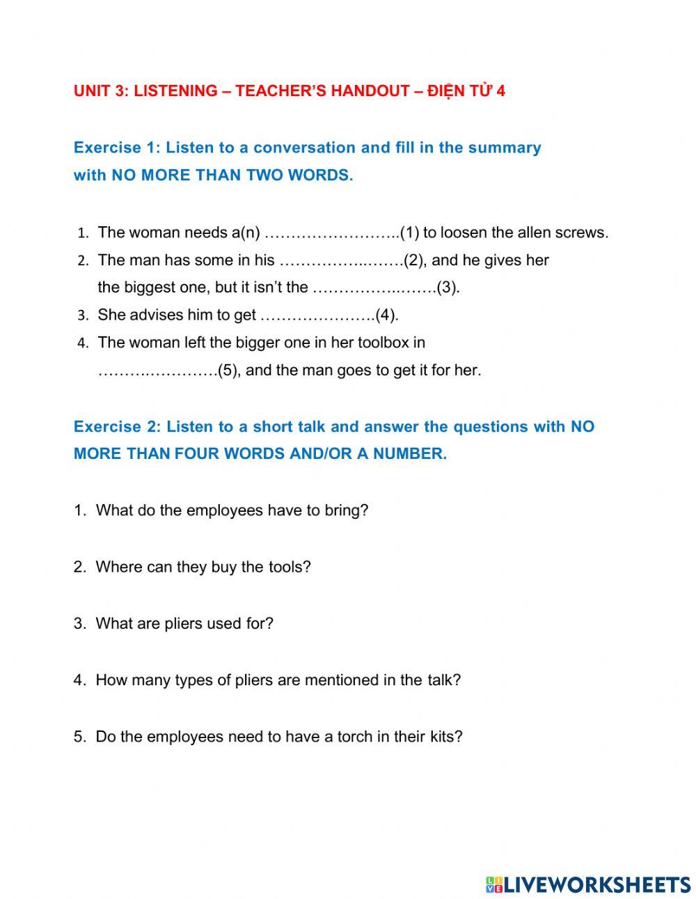 Unit 3- listening - teacher's handout- Điện Tử 4