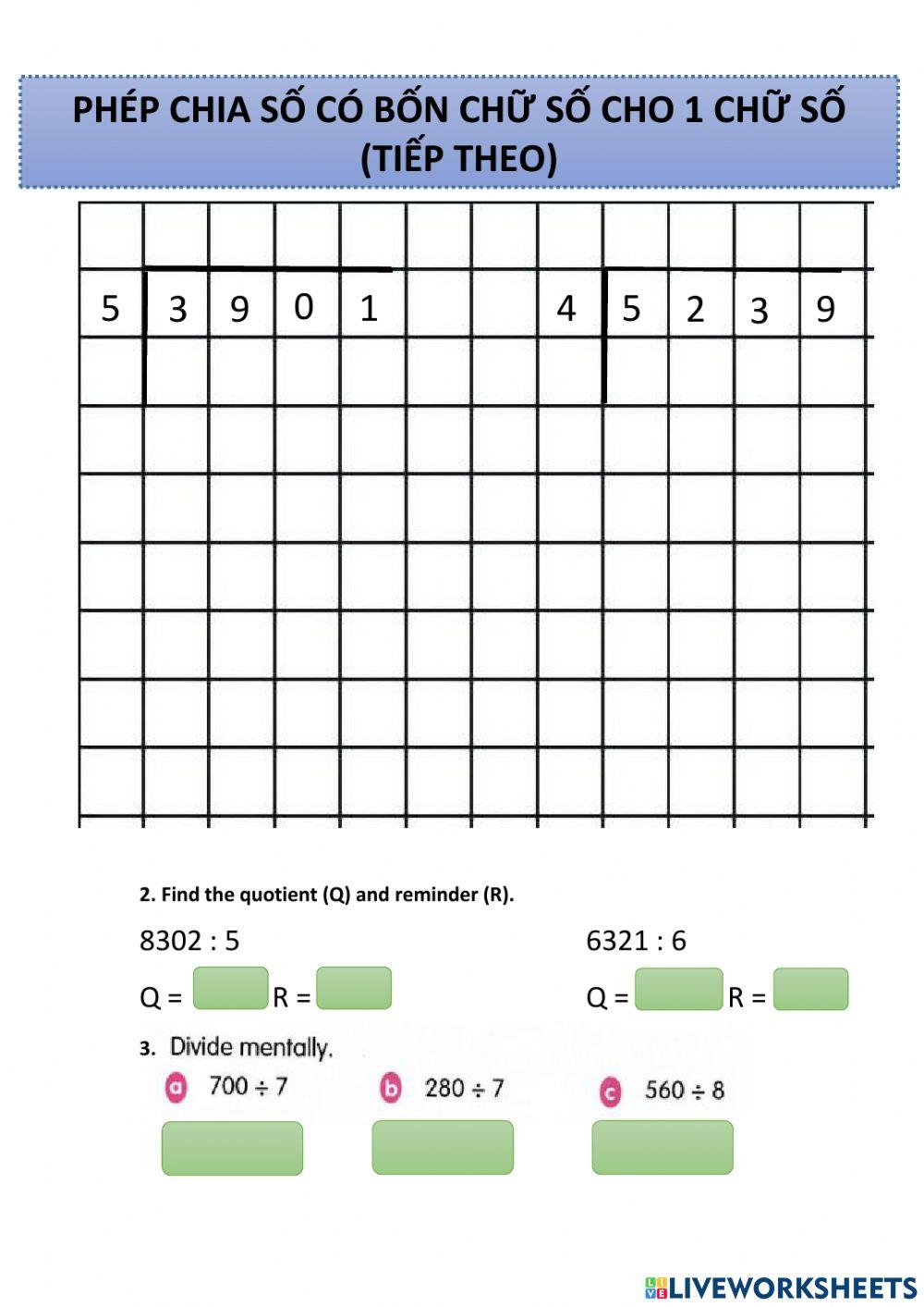Chia số có 4 chữ số cho 1 chữ số (thương có 0)