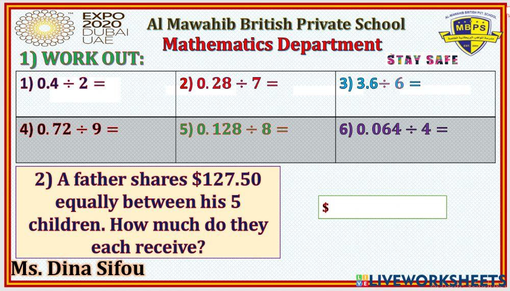 Dividing decimals by whole numbers