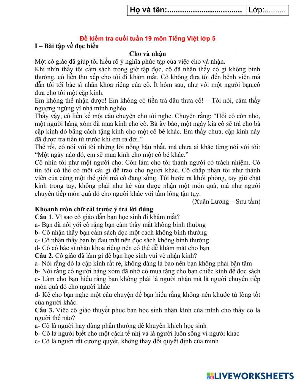 phiếu bài tập cuối tuần tiếng việt 5 tuần 19