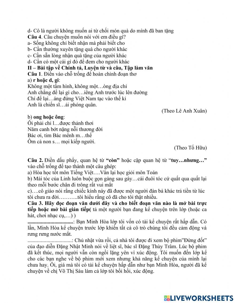 phiếu bài tập cuối tuần tiếng việt 5 tuần 19