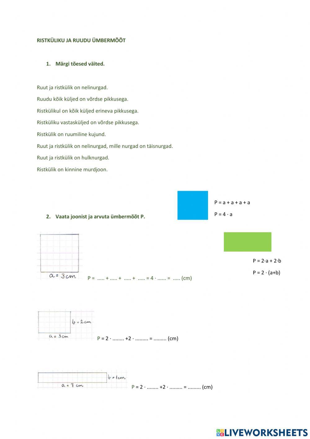 Ruudu ja ristküliku ümbermõõt, 3. klass