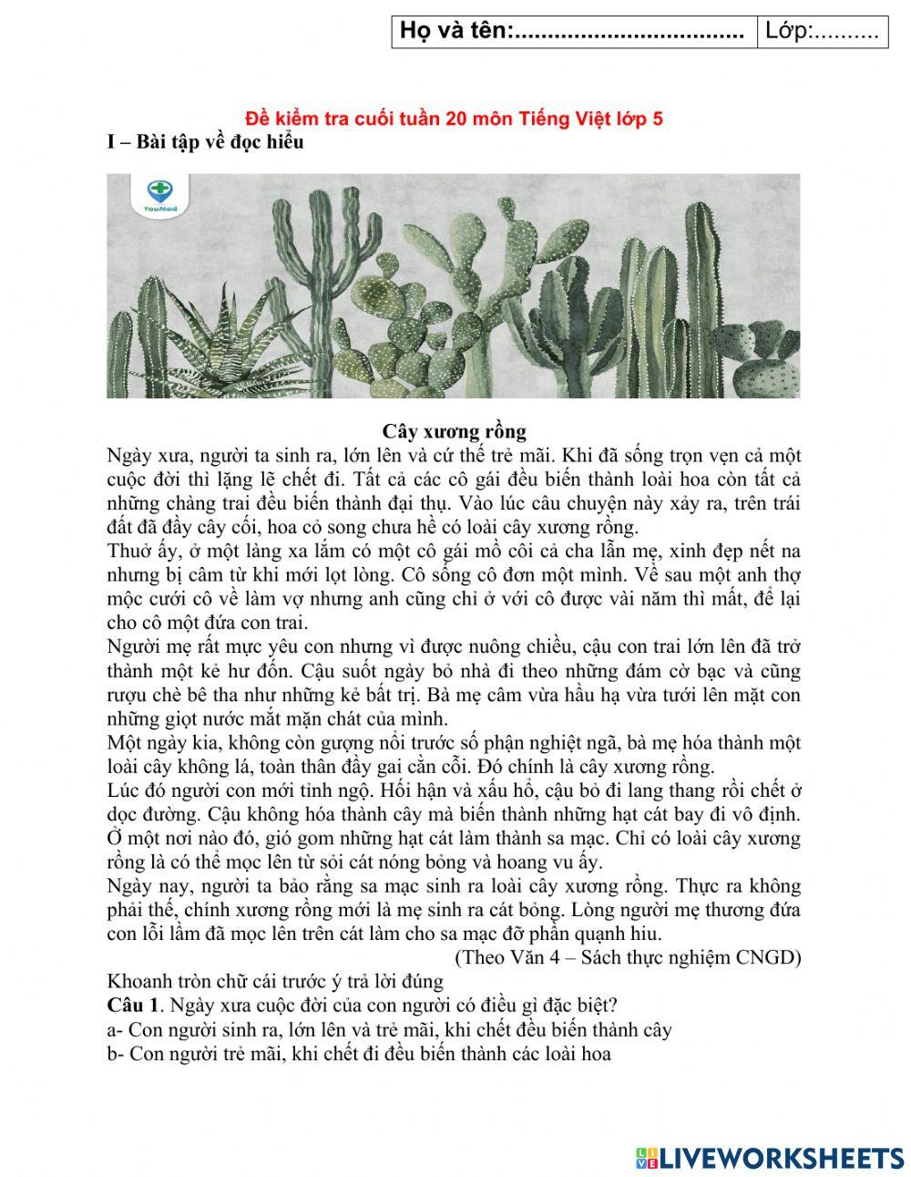 phiếu bài tập cuối tuần tiếng việt 5 tuần 20