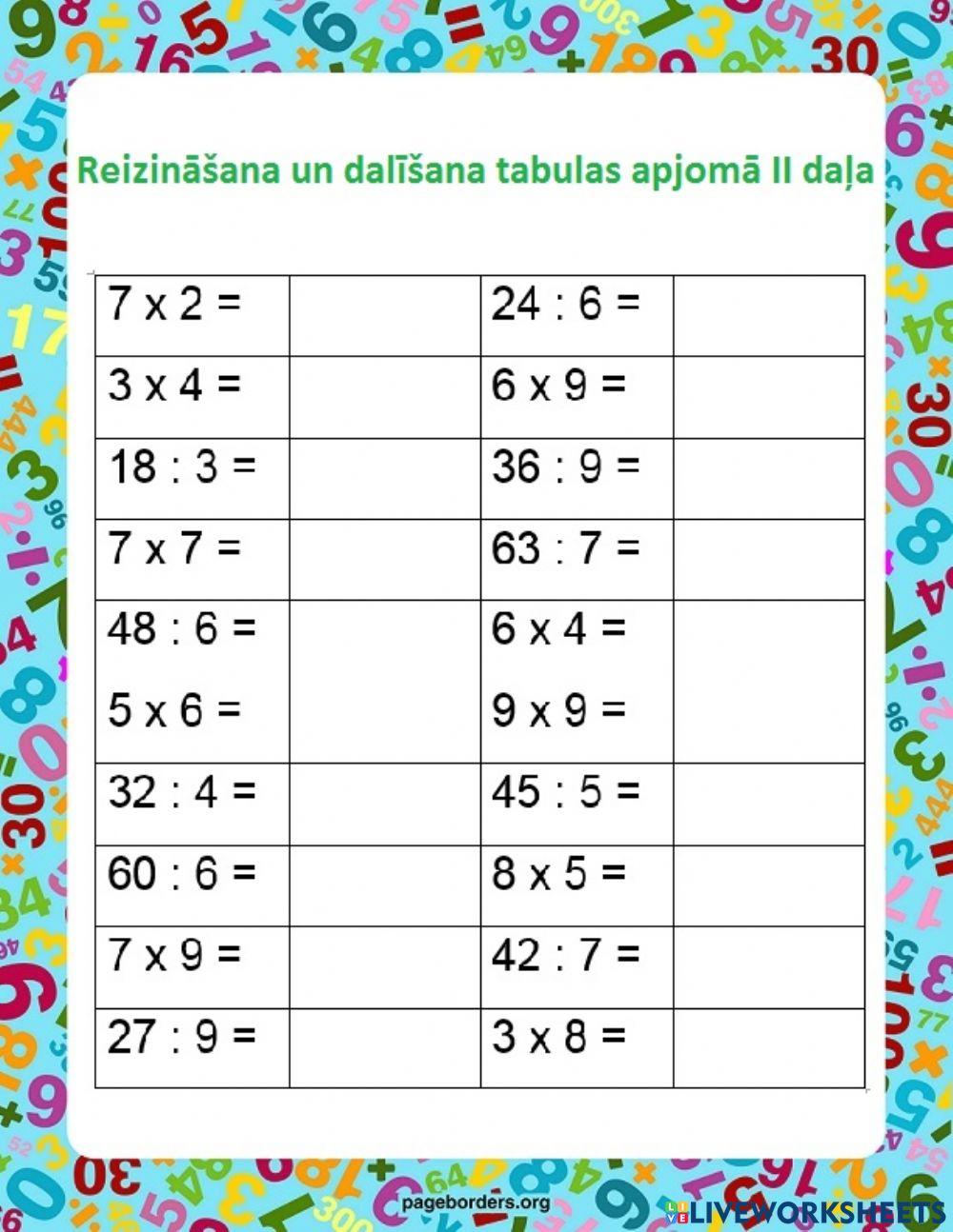 Reizināšana un dalīšana tabulas apjomā II daļa
