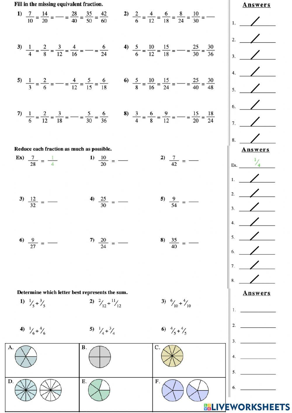 FRACTIONS Concept, equivalents, reducing, add and subtract with same denominator