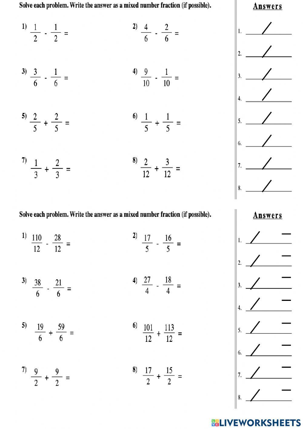 FRACTIONS Concept, equivalents, reducing, add and subtract with same denominator