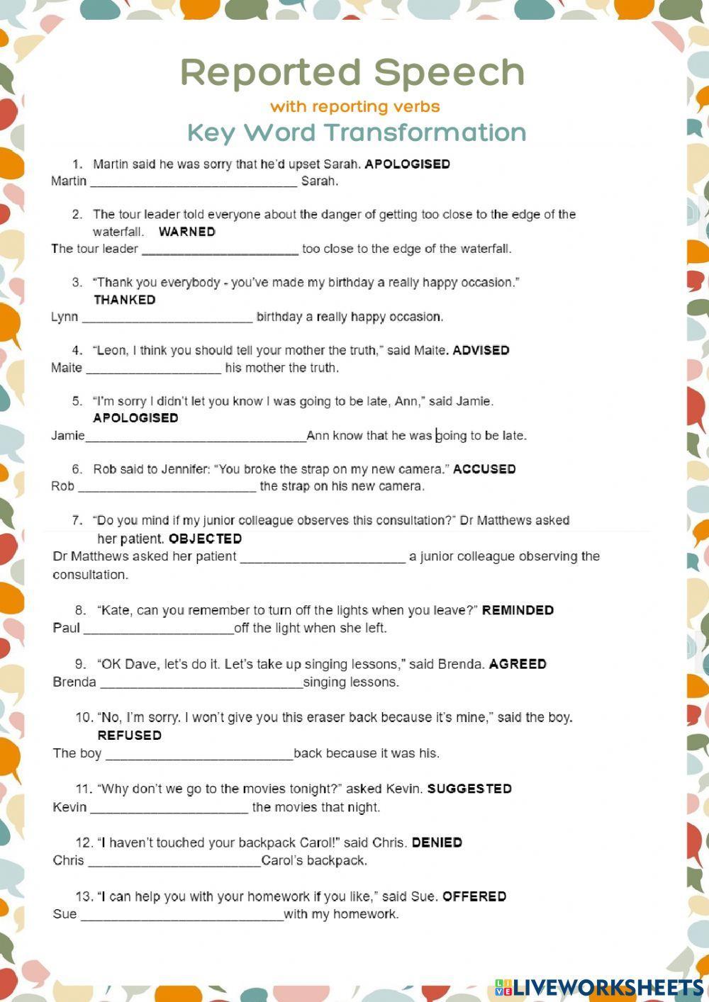 Reported Speech with reporing verbs Key word transformation