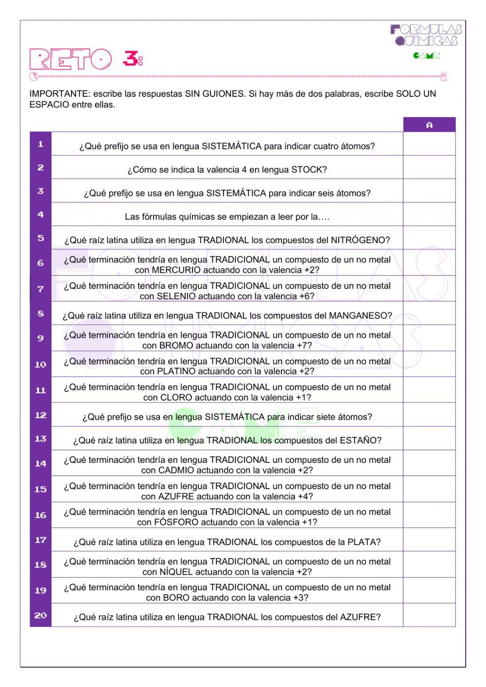 Formulas químicas GAME. RETO 3