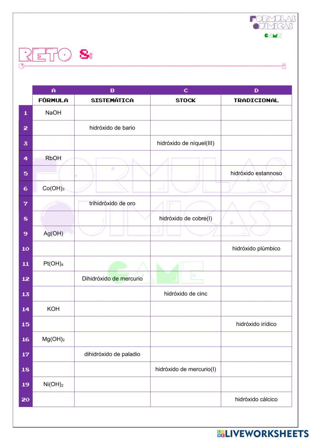 Formulas químicas GAME. RETO 8