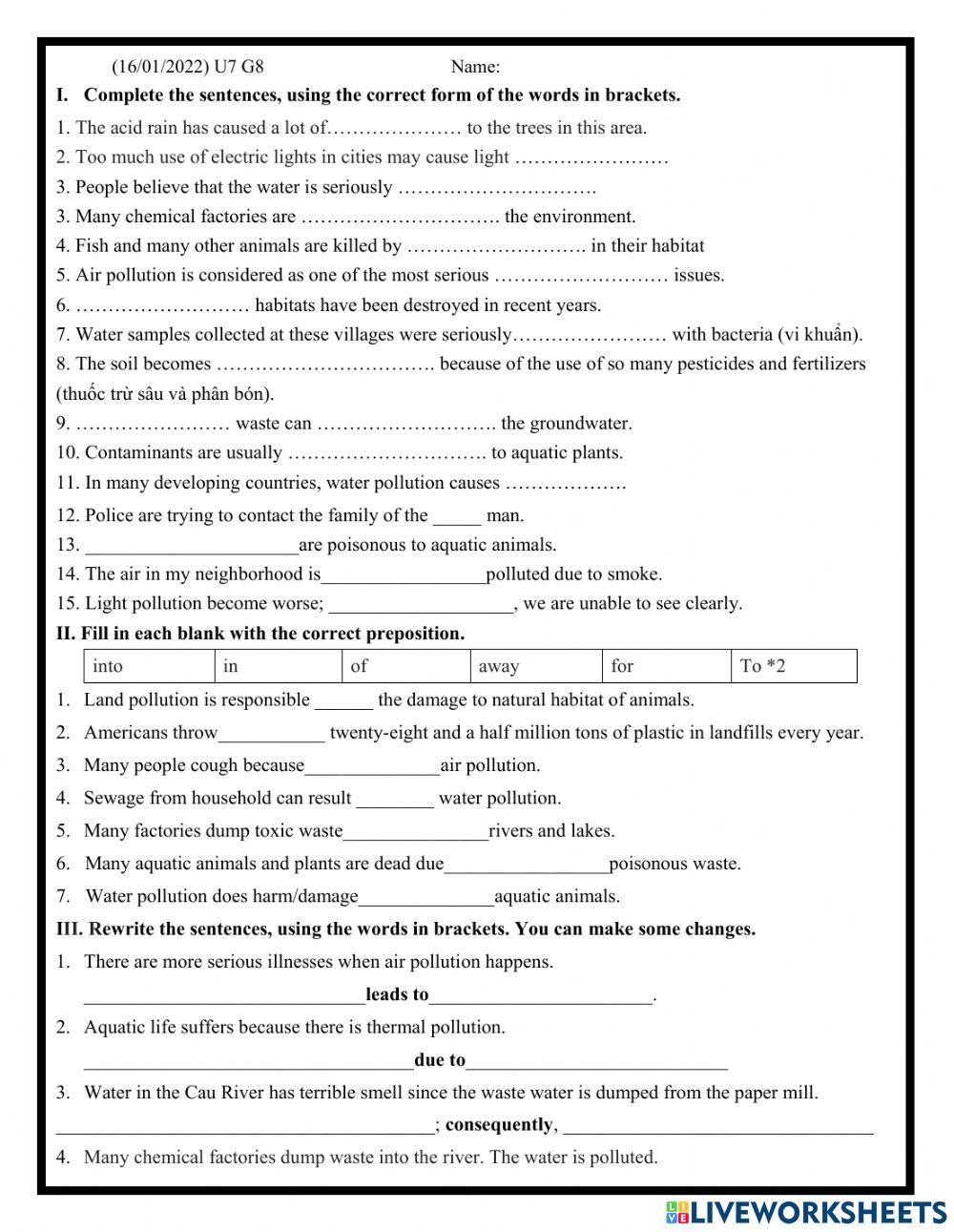 Grade 8- Cause-Effect- Pollution (cont)- Low level
