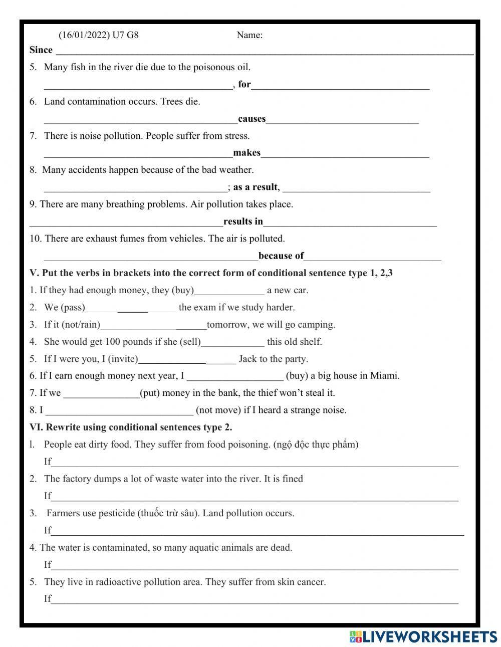Grade 8- Cause-Effect- Pollution (cont)- Low level