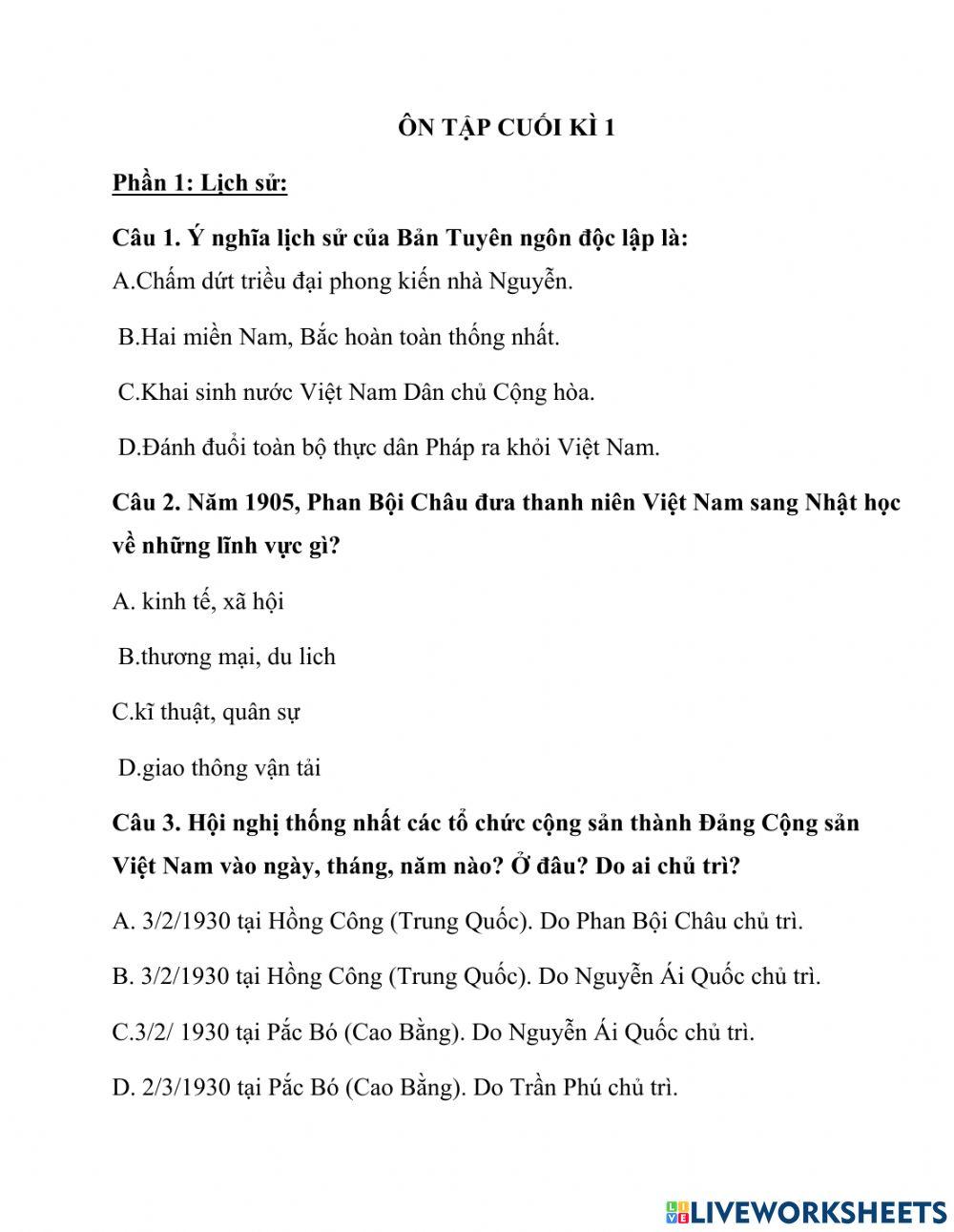 Lịch sử-Địa lí ôn tập cuối kì 1