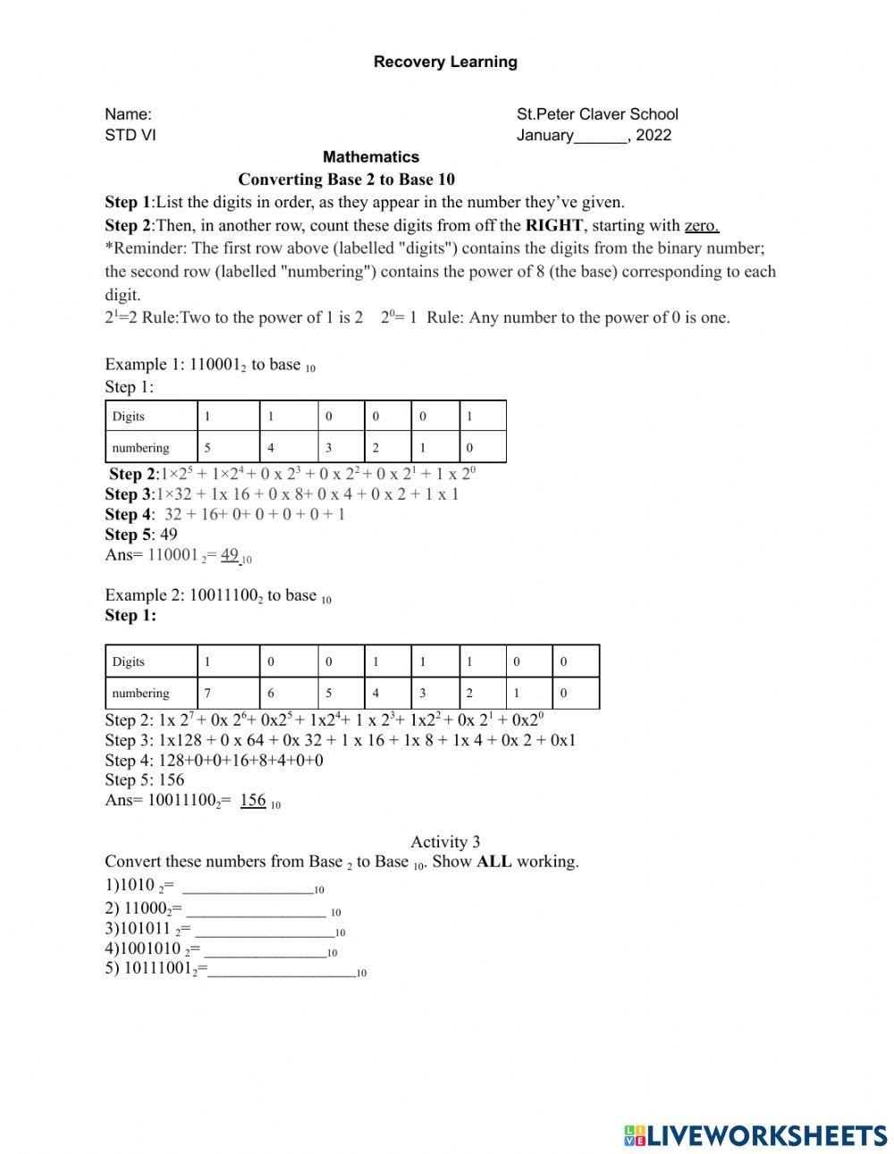 Base to base 10 worksheet live worksheets 47 off