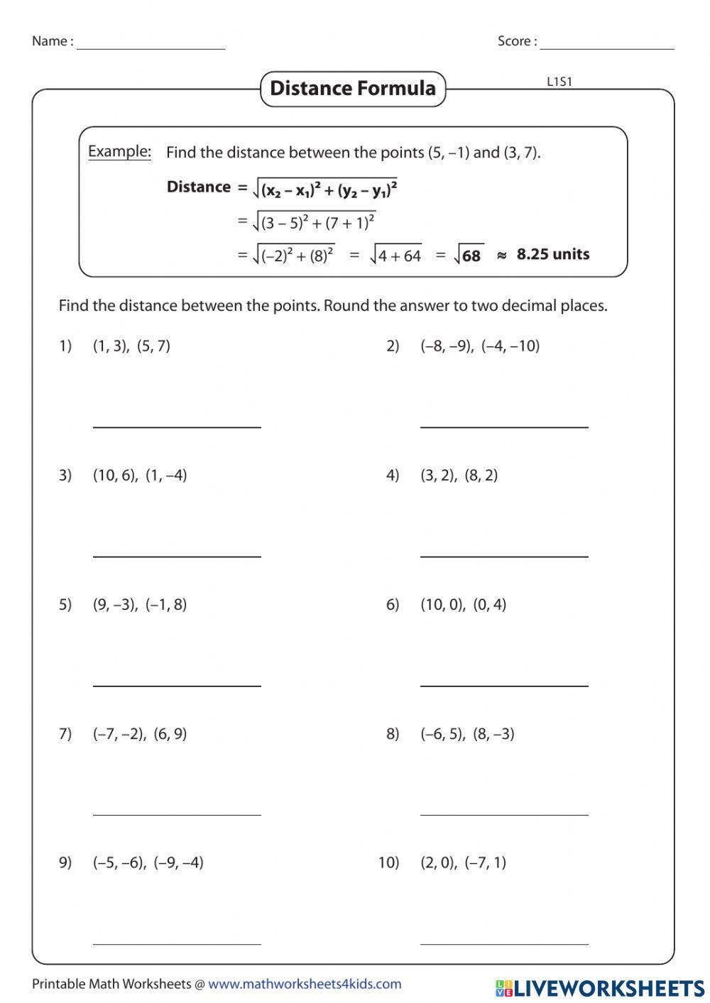 Distance between 2 points online exercise for Live Worksheets