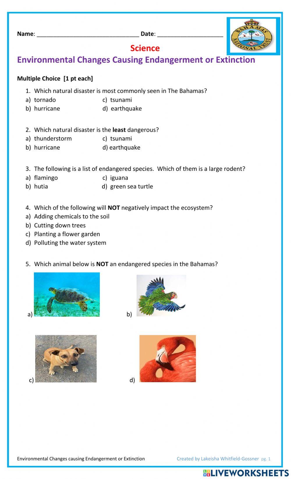 Environmental Changes Causing Endangerment or Extinction worksheet
