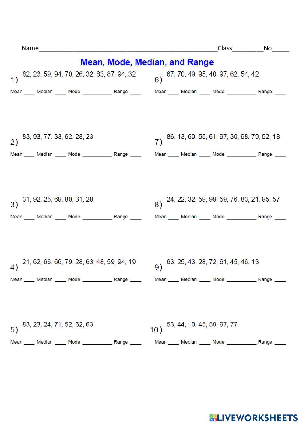 Mean Mode Median Range Test online exercise for | Live Worksheets