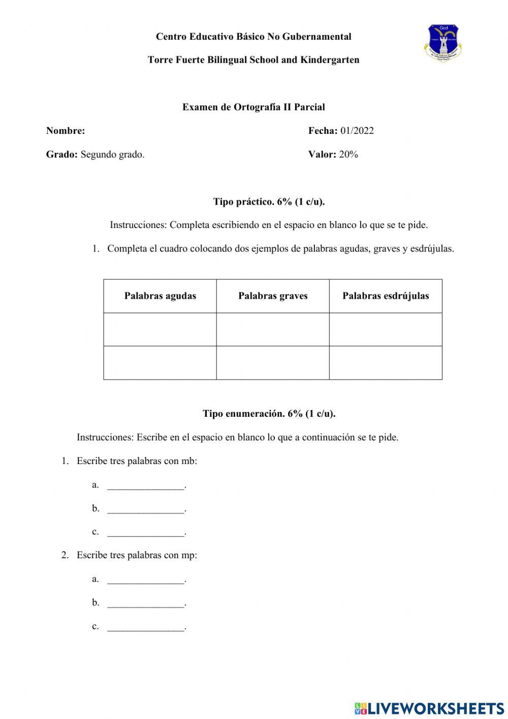 Examen de Ortografía 2°