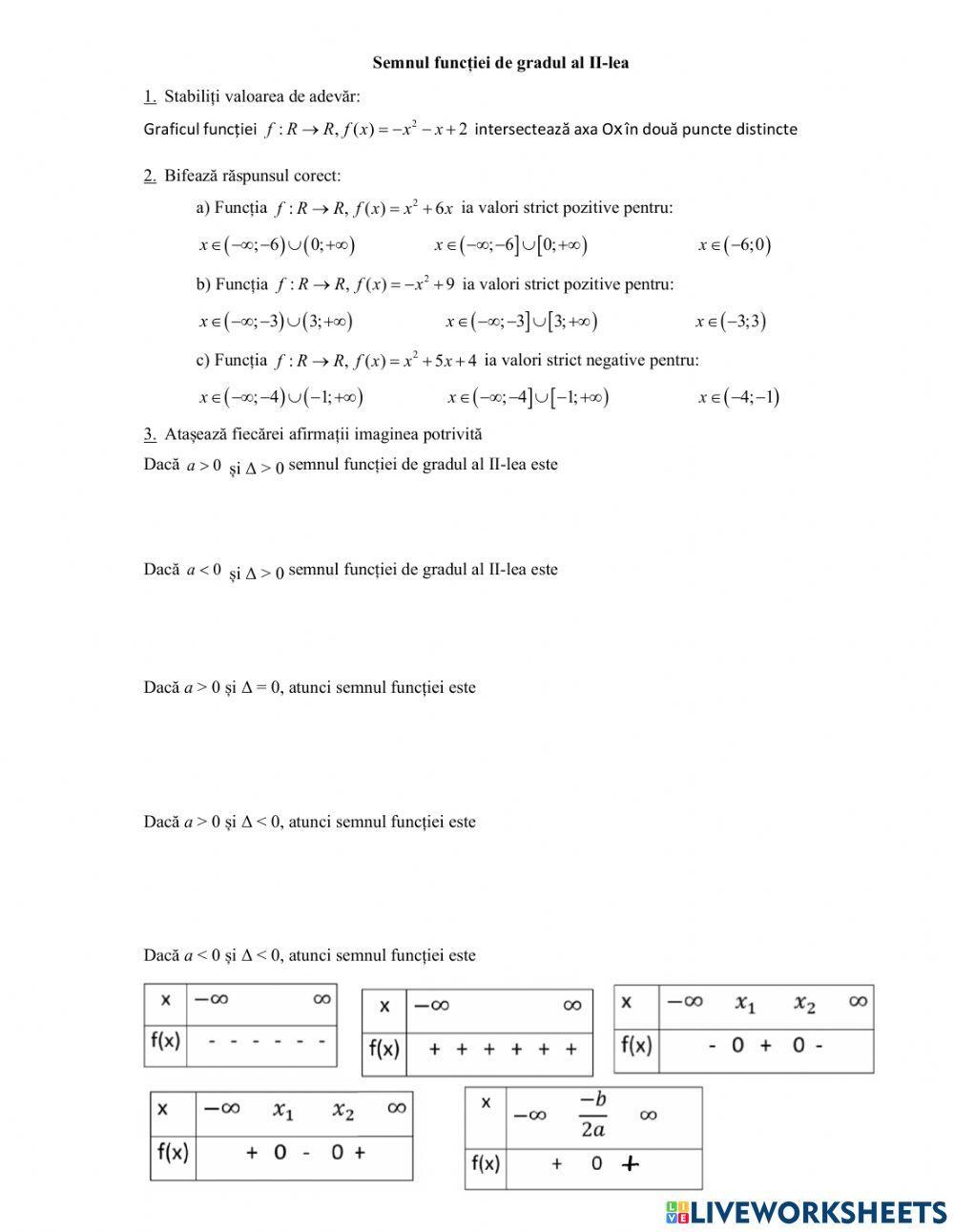 Semnul functiei de gradul al II-lea worksheet | Live Worksheets