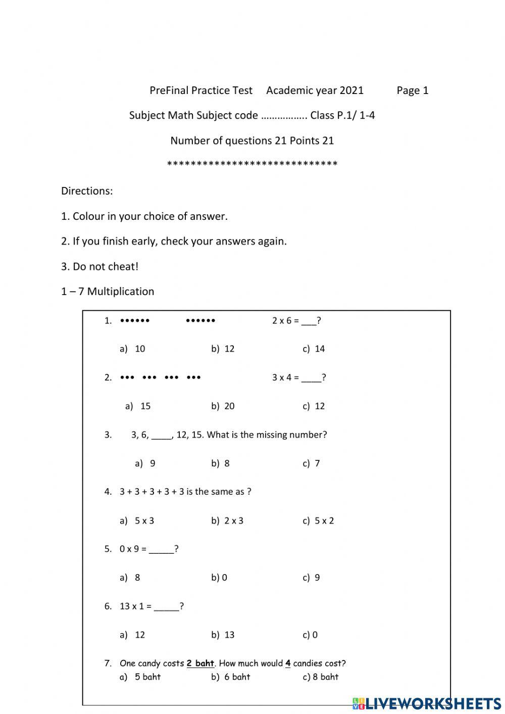 P1 PreFinal Math Practice Test