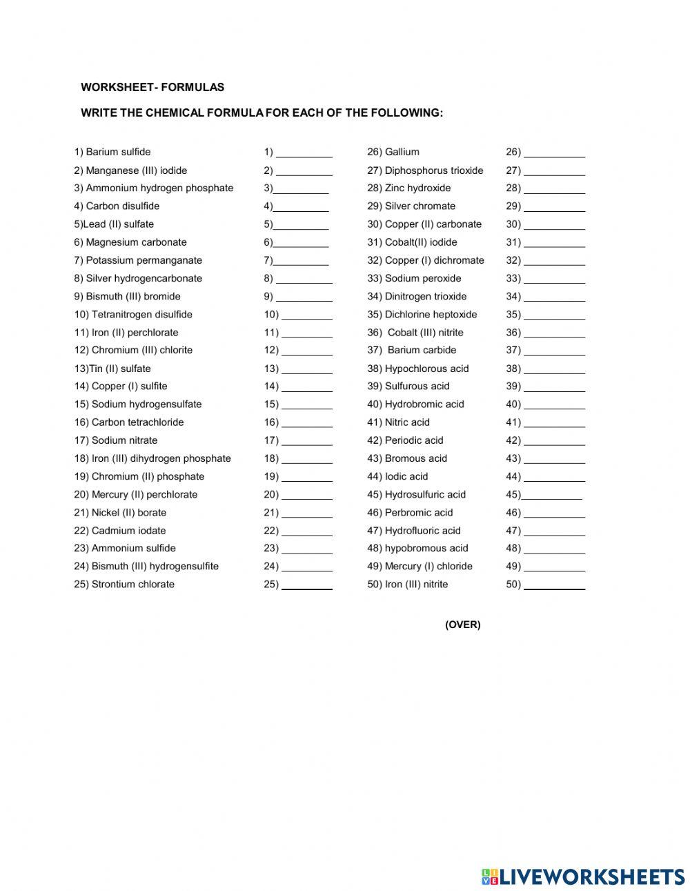 Formulas worksheet worksheet | Live Worksheets