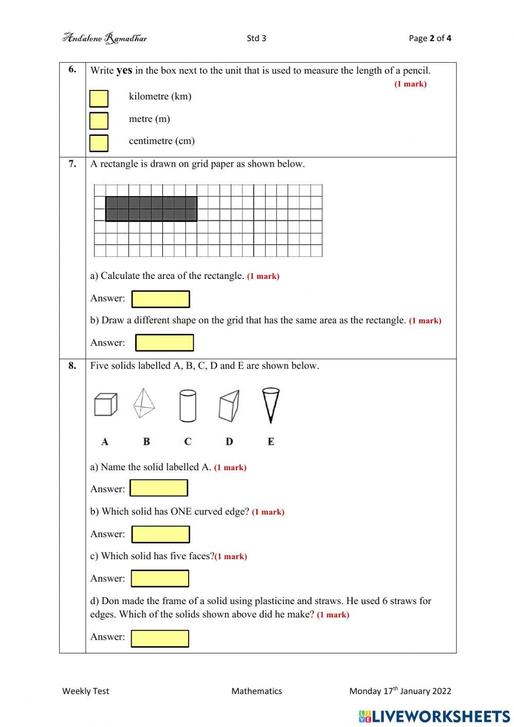 Mathematics Term 2 Test 1