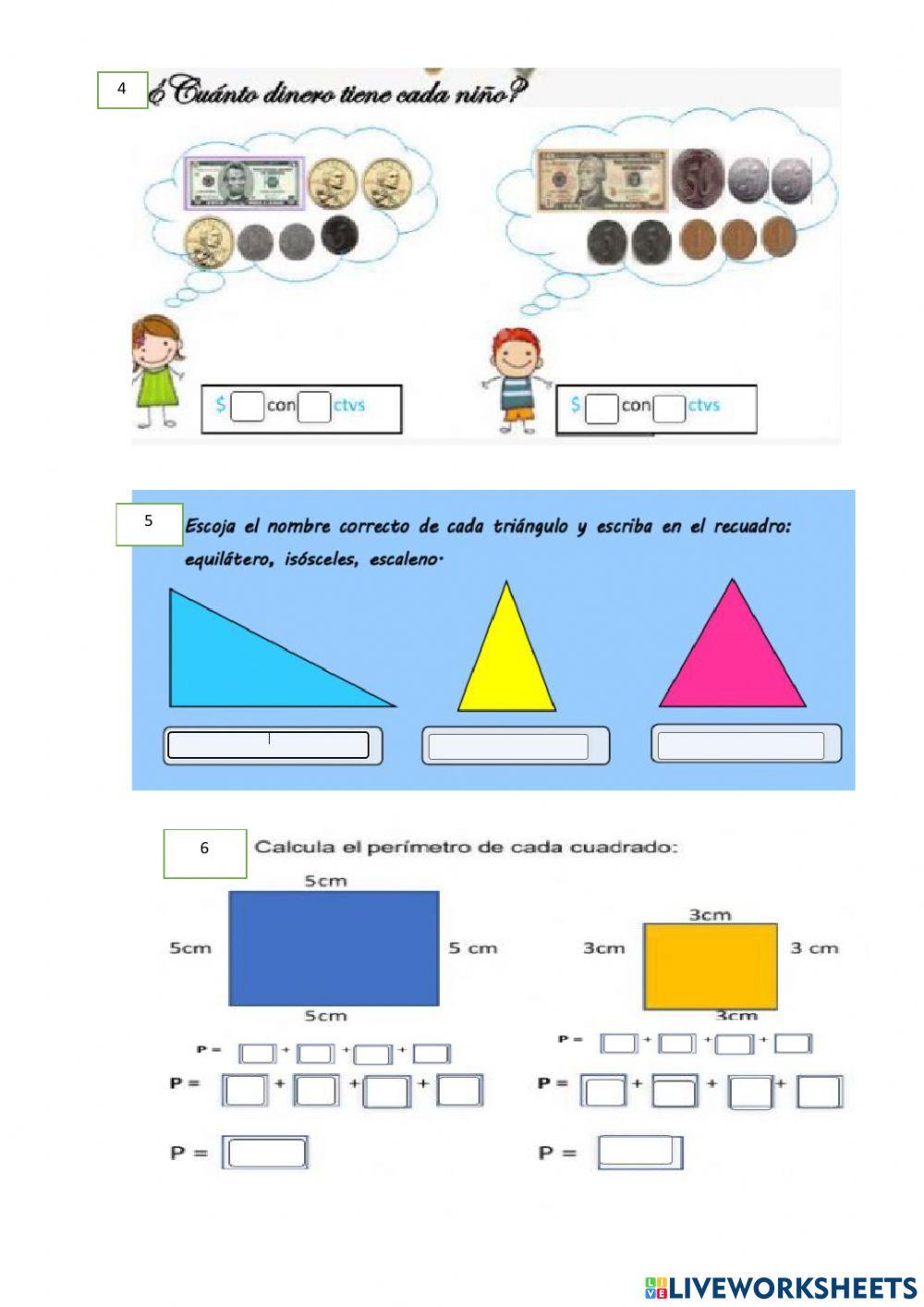 Sumas,cantidad monetaria, perímetro del cuadrado