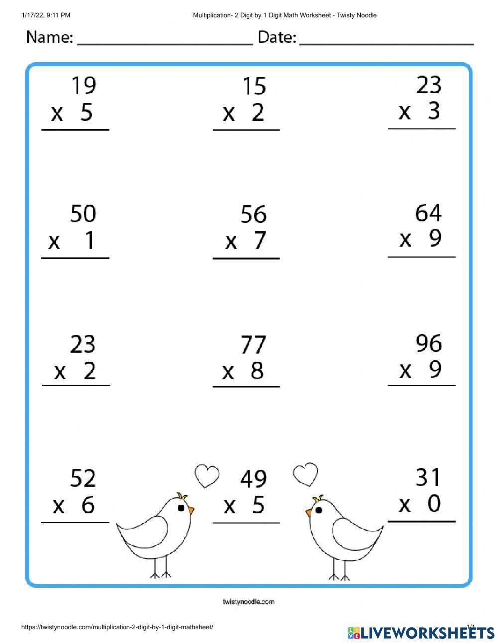 Multiplication 2 Digit by 1 digit