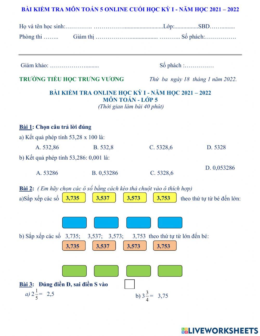 Bài kiểm tra cuối kì 1 toan 5