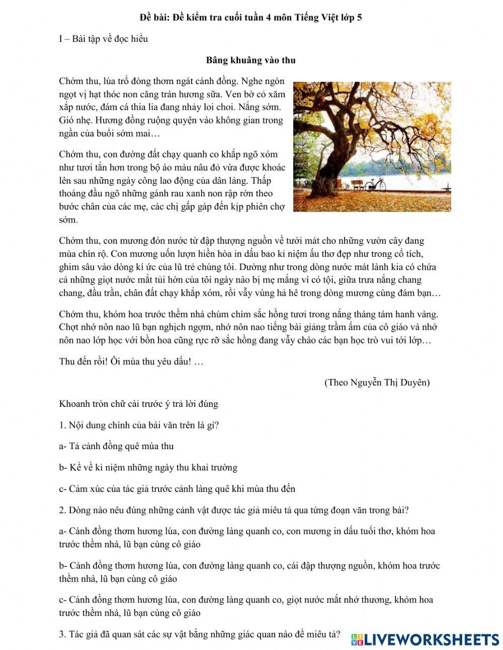 PHIẾU BÀI TẬP CUỐI TUẦN MÔN TIẾNG VIỆT LỚP 5 TUẦN 4